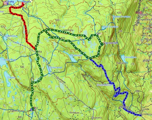 Kart over Storsteinsfjellrunden med tilførselsløyper